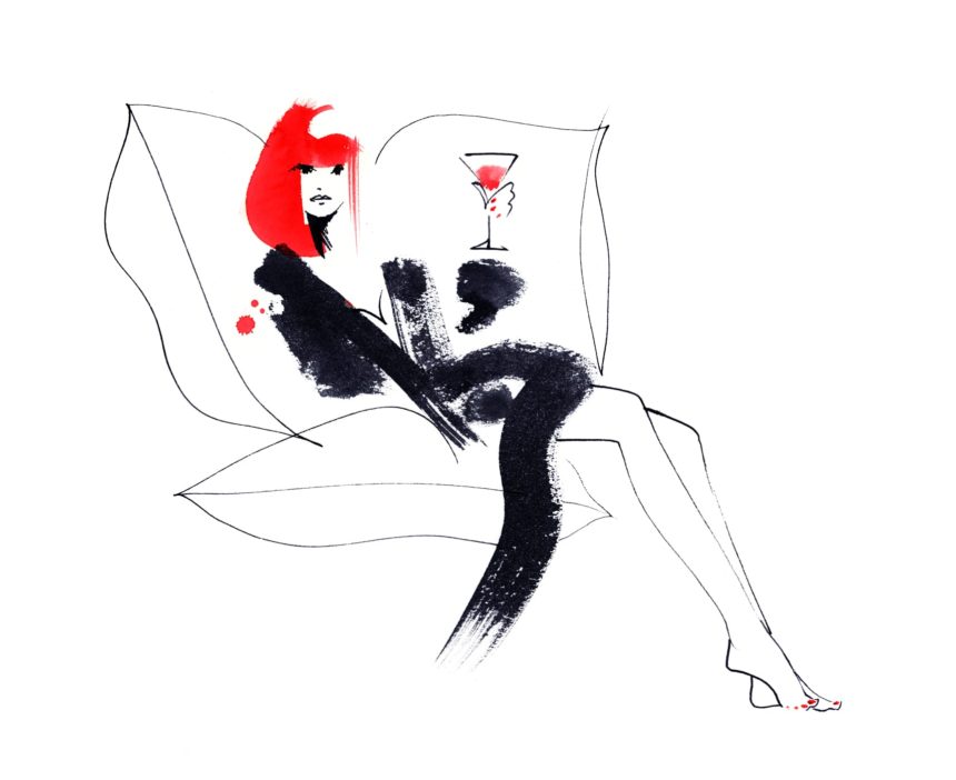 Illustration of woman with red hair sitting on a couch.