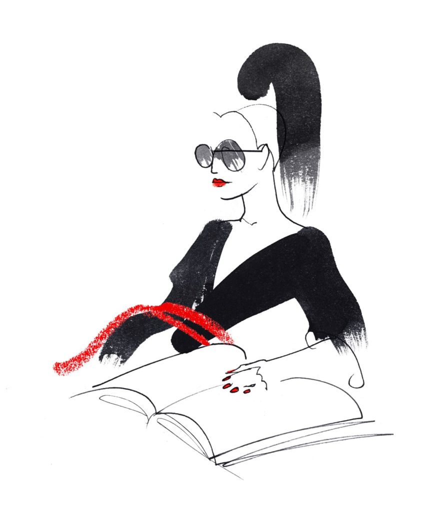 Illustration of woman with glasses and a book.