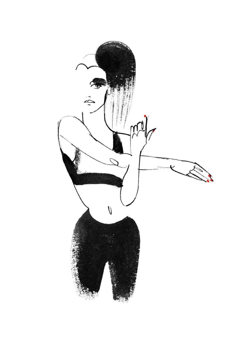 Ink illustration of woman sporting.