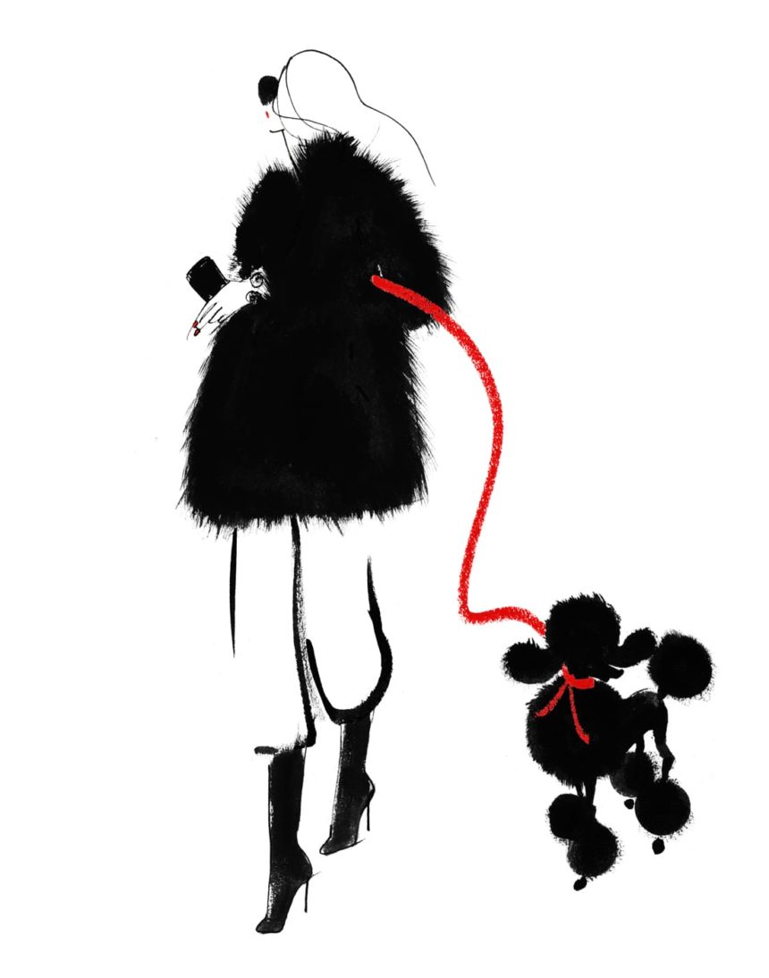 Illustration of woman walking with a black poodle and a red string.