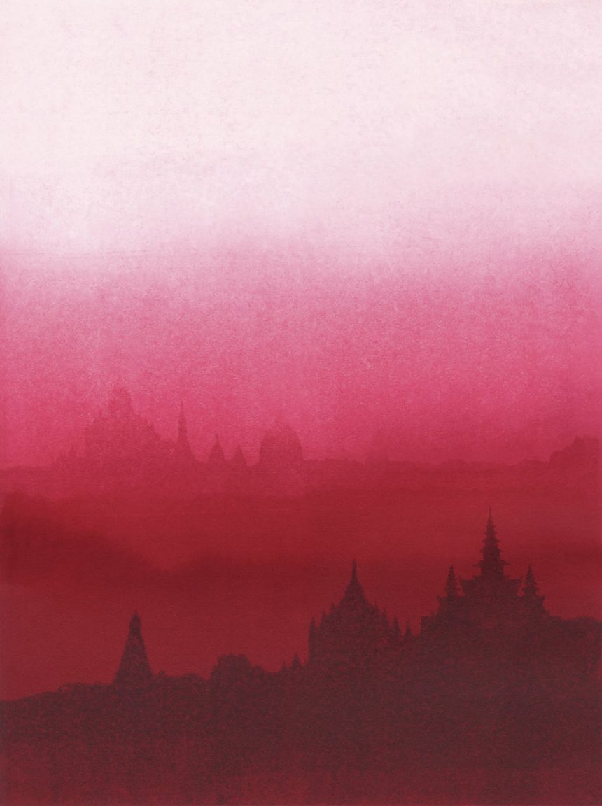 Illustrations en aquarelle d'un paysage rouge.