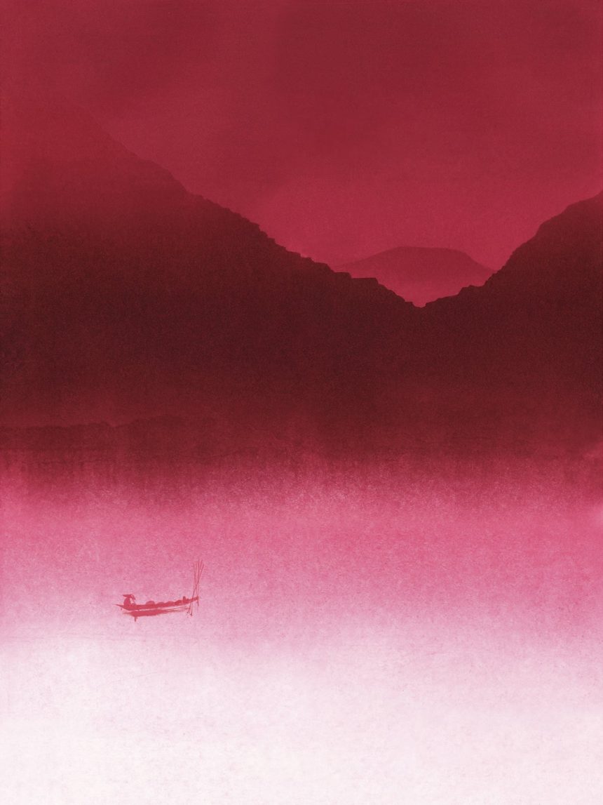 Watercolor illustration of ruby color landscape.