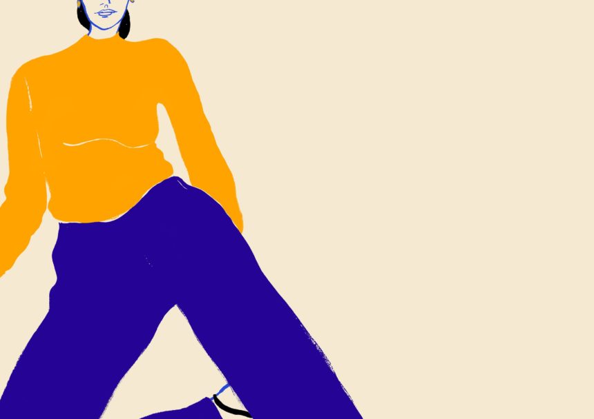 Painted illustration of woman in yellow and blue.