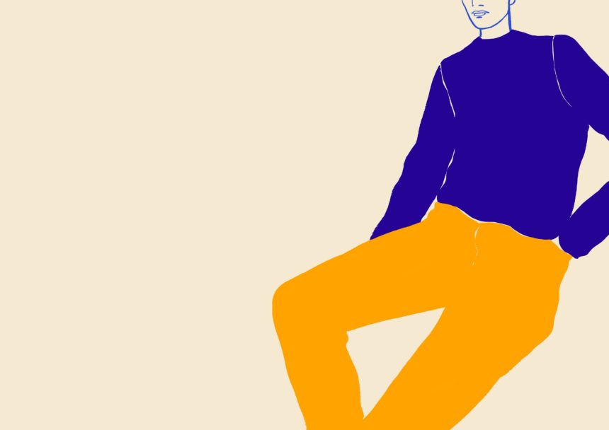 Painted illustration of man in yellow and blue.