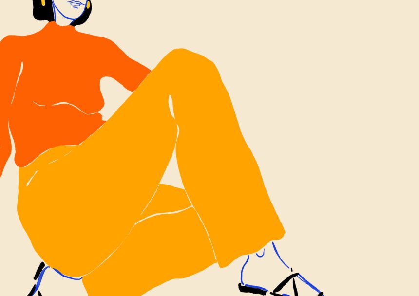 Painted illustration of woman in yellow and orange.