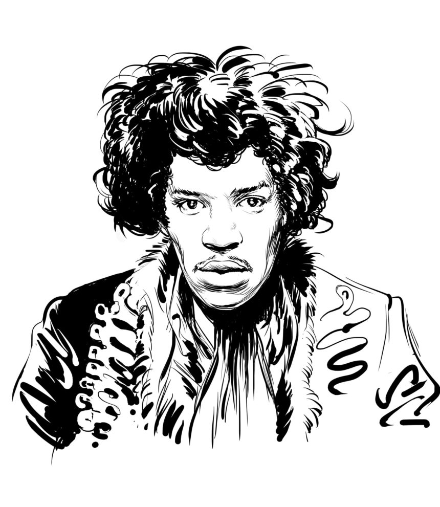 Portrait illustré de Jimi Hendrix.