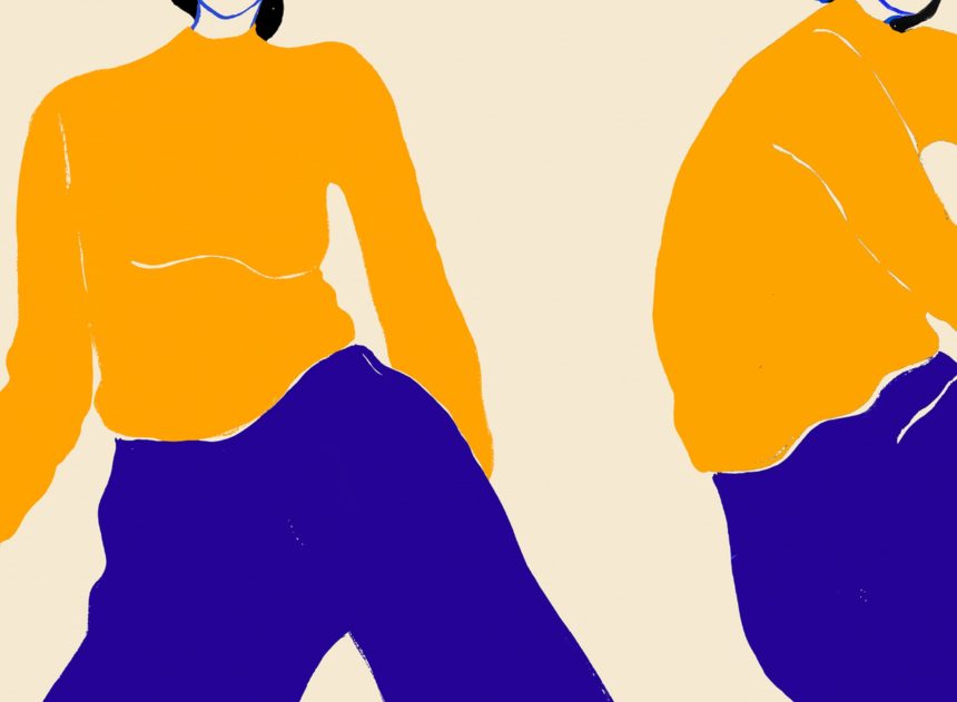 Painted illustration of woman in yellow and blue.